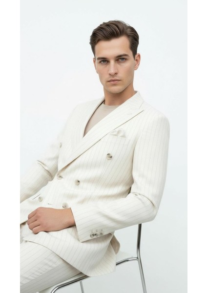 Krem Çizgili Erkek Kruvaze Blazer Ceket – Italyan Kesim, Modern ve Zarif Şıklık