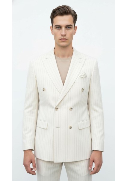 Krem Çizgili Erkek Kruvaze Blazer Ceket – Italyan Kesim, Modern ve Zarif Şıklık modelleri