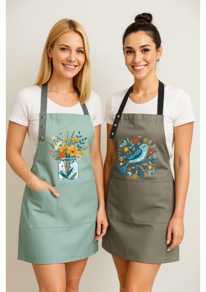 Kumaş Mutfak Önlüğü Seti 2'li Leke Tutmaz Su Itici %65 Pamuk %35 Polyester Kuş - Çiçek Önlük indirimleri