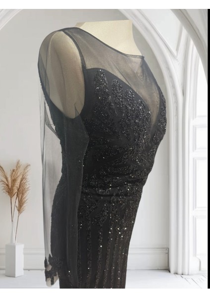Özel Gün Nişan Söz Balo Taşlı Simli Payetli Tül Detay Özel Tasarım Balık Uzun Abiye Siyah indirimleri