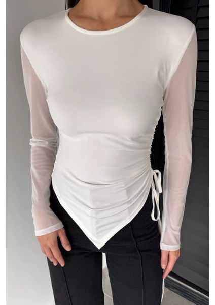 Kadın Yan Büzgü Detaylı Kollar Tüllü Likralı Bluz P-00018735