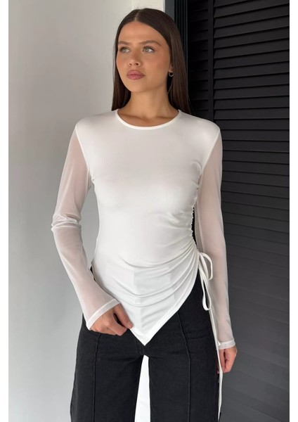 Kadın Yan Büzgü Detaylı Kollar Tüllü Likralı Bluz P-00018735 fiyatları