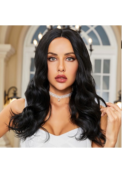 Siyah Geniş Dalgalı Fiber Sentetik Tül Peruk