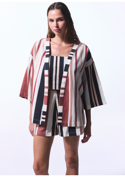 Shay Striped Etnik Desen V Yaka Oversize Kimono indirimleri