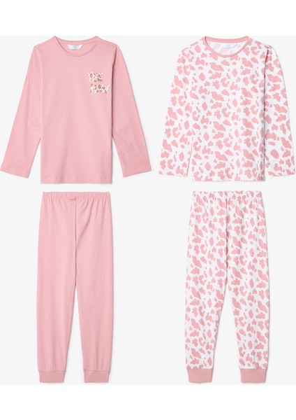 Pembe Kız Çocuk İnek Desenli Uzun Kollu Pamuklu 2li Pijama Takımı