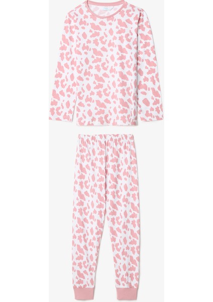 Pembe Kız Çocuk İnek Desenli Uzun Kollu Pamuklu 2li Pijama Takımı
