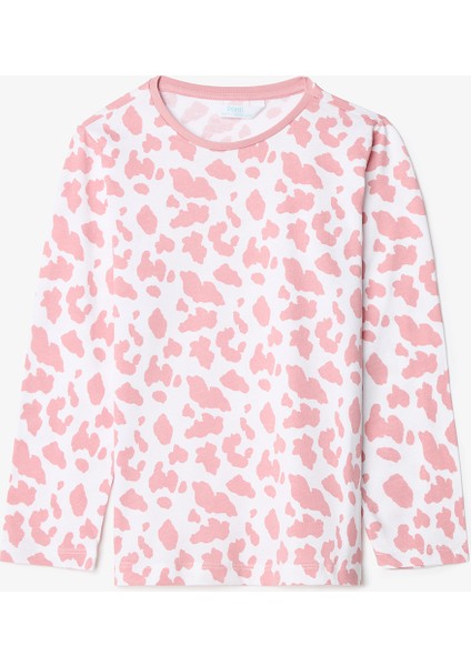 Pembe Kız Çocuk İnek Desenli Uzun Kollu Pamuklu 2li Pijama Takımı