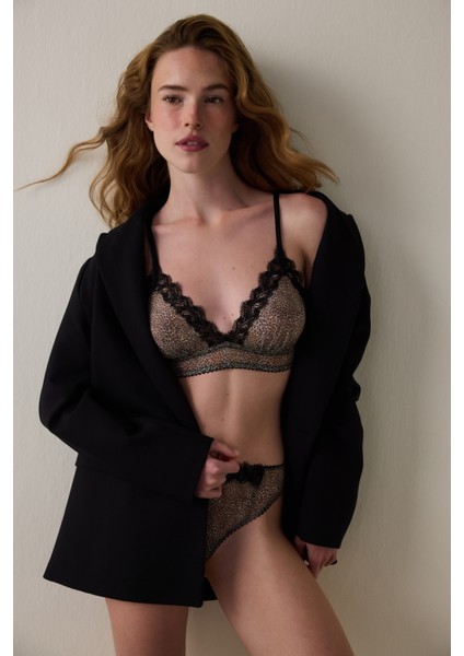 Bej Brode Detaylı Leopar Desenli Balensiz Kapsız Üçgen Sütyen fiyatları