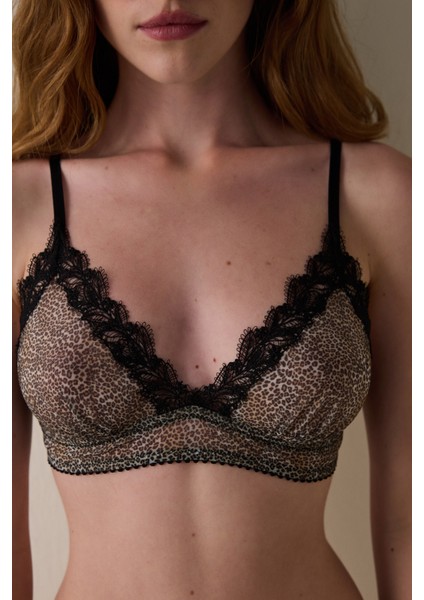 Bej Brode Detaylı Leopar Desenli Balensiz Kapsız Üçgen Sütyen indirimleri