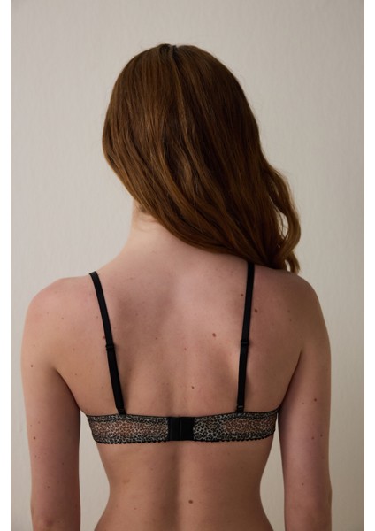 Bej Brode Detaylı Leopar Desenli Balensiz Kapsız Üçgen Sütyen