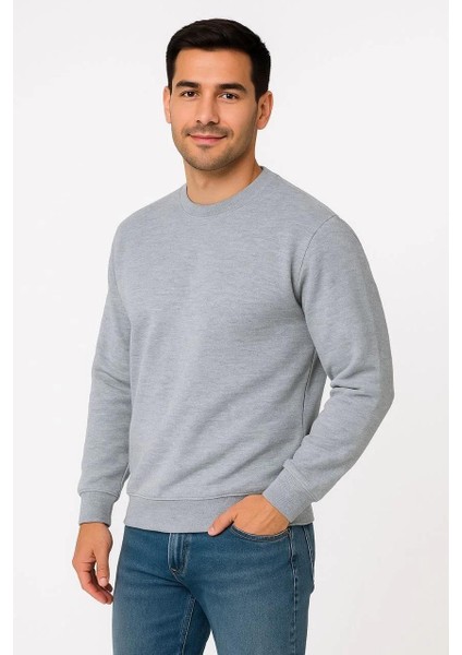 Erkek Üç Iplik Düz Bisiklet Yaka Sweatshirt - Gri fiyatları