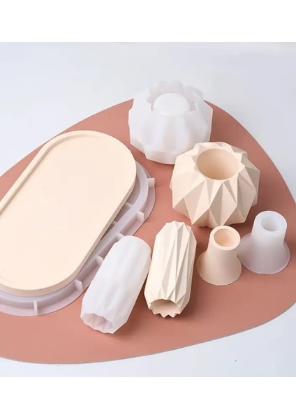 4 Parça Geometrik Vazo Mumluk Şamdan Tepsi Seti Silikon Kalıbı Dayanıklı Epoksi Reçine Beton Kalıp modelleri