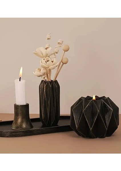 4 Parça Geometrik Vazo Mumluk Şamdan Tepsi Seti Silikon Kalıbı Dayanıklı Epoksi Reçine Beton Kalıp