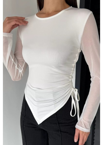 Kadın Yan Büzgü Detaylı Kollar Tüllü Likralı Bluz P-00018735 modelleri