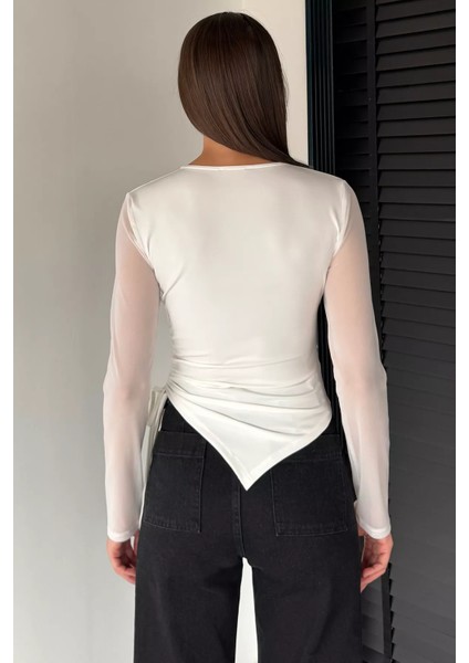 Kadın Yan Büzgü Detaylı Kollar Tüllü Likralı Bluz P-00018735 fırsatları