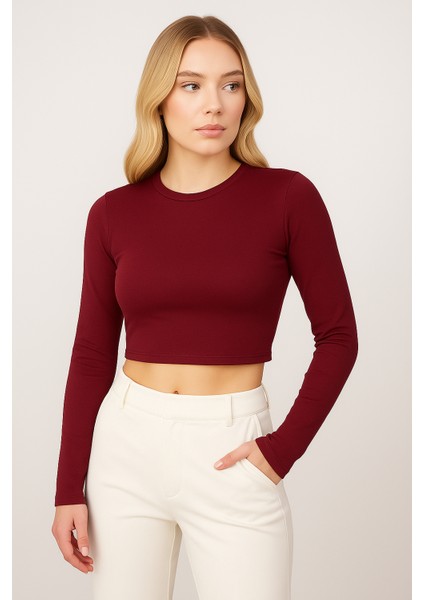 Kadın Buzy Kumaş Parmak Geçmeli Bordo Crop Body| Uzun Kollu – Likralı