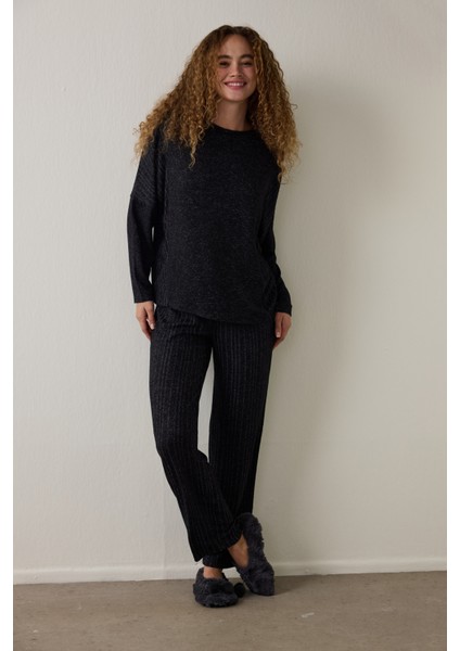 Siyah Dark Sky Bisiklet Yaka Uzun Kollu Pijama Takımı