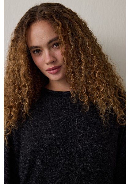 Siyah Dark Sky Bisiklet Yaka Uzun Kollu Pijama Takımı