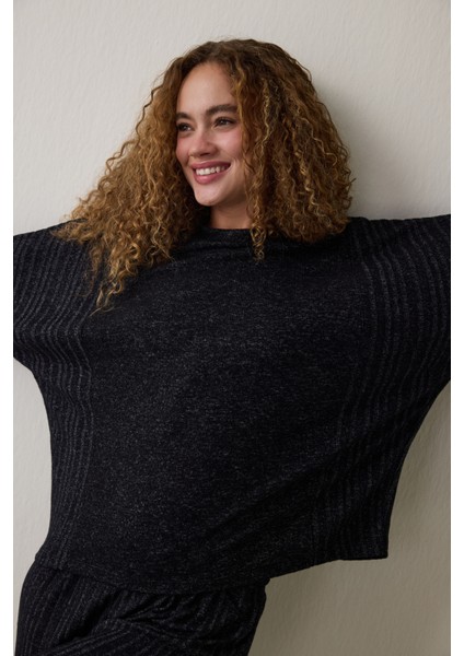 Siyah Dark Sky Bisiklet Yaka Uzun Kollu Pijama Takımı