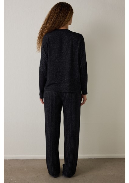 Siyah Dark Sky Bisiklet Yaka Uzun Kollu Pijama Takımı