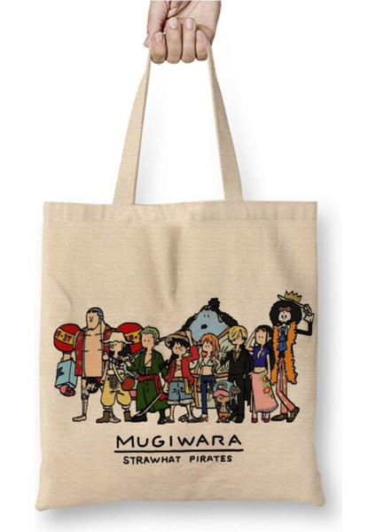 One Piece Mugiwara Temalı Beyaz Bez Çanta Uzun Saplı Alışveriş Çantası Plaj Çantası