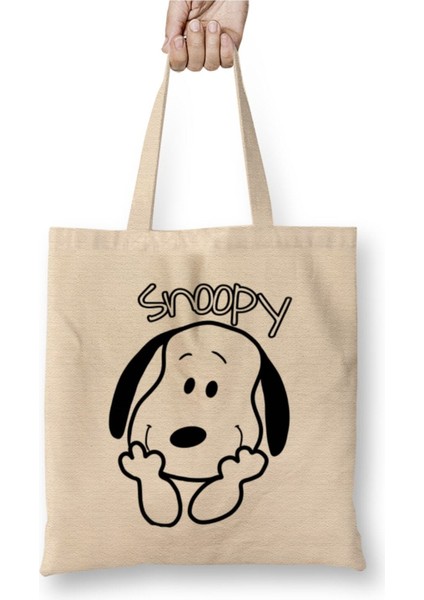 Snoopy Cute Smile Snoopy Beyaz Bez Çanta Uzun Saplı Alışveriş Çantası Plaj Çantası