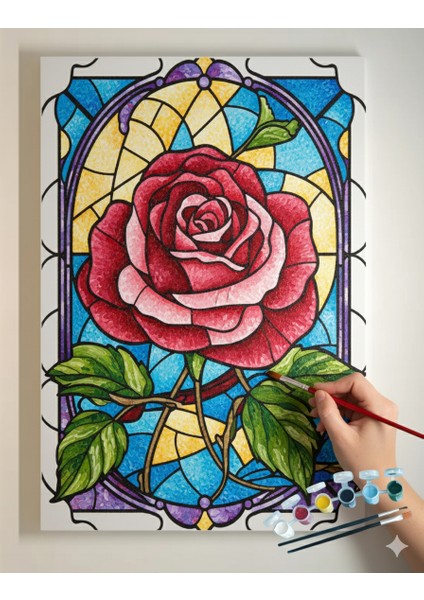 Elmas Model Çiçek Boyama Seti. 25X35 cm Ebatlarında. Uv Baskı 6 Ana Renk Boya ve 2 Adet Fırça