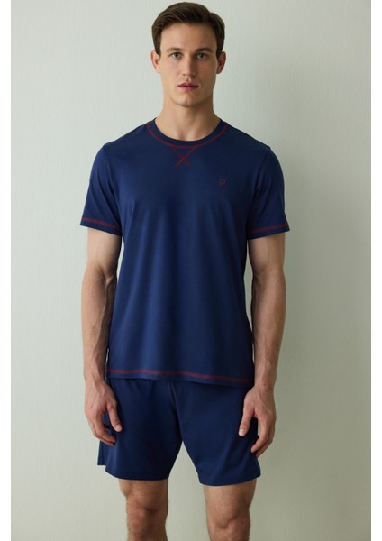 Indigo Erkek Navy Star Bisiklet Yaka Pamuklu Şortlu Pijama Takımı fırsatları