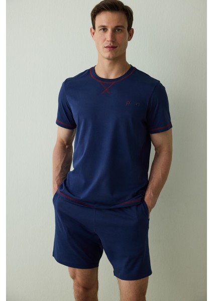 Indigo Erkek Navy Star Bisiklet Yaka Pamuklu Şortlu Pijama Takımı indirimleri