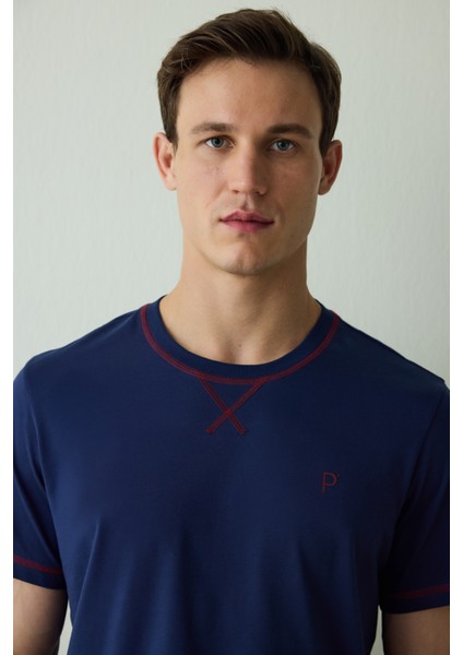 Indigo Erkek Navy Star Bisiklet Yaka Pamuklu Şortlu Pijama Takımı