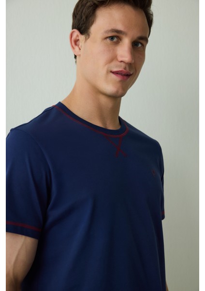 Indigo Erkek Navy Star Bisiklet Yaka Pamuklu Şortlu Pijama Takımı