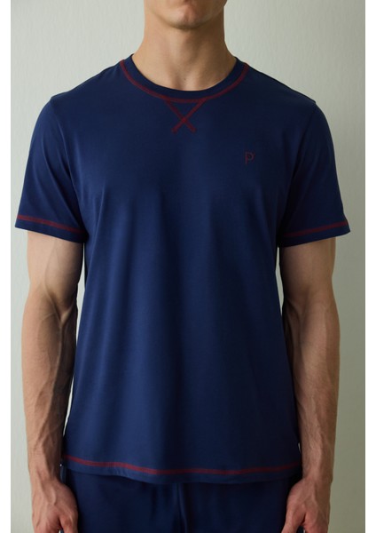 Indigo Erkek Navy Star Bisiklet Yaka Pamuklu Şortlu Pijama Takımı