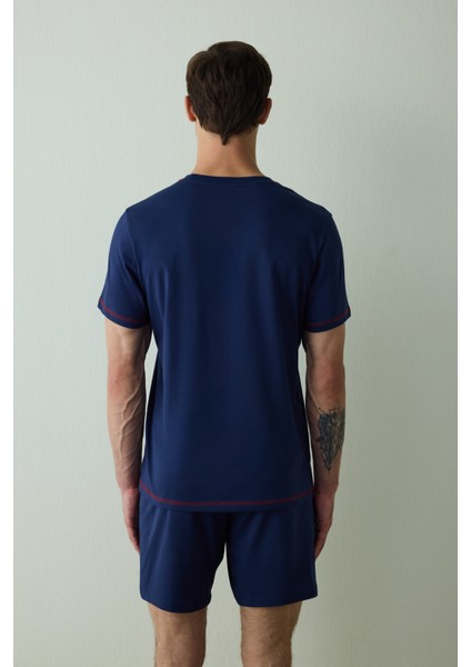 Indigo Erkek Navy Star Bisiklet Yaka Pamuklu Şortlu Pijama Takımı