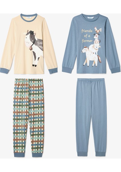 Erkek Çocuk Farm Friends İnek Desenli Pamuklu Uzun Kollu 2'li Pijama Takımı