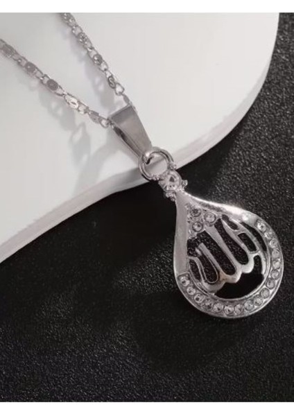 Taşlı Su Damlası Allah Yazılı Kolye