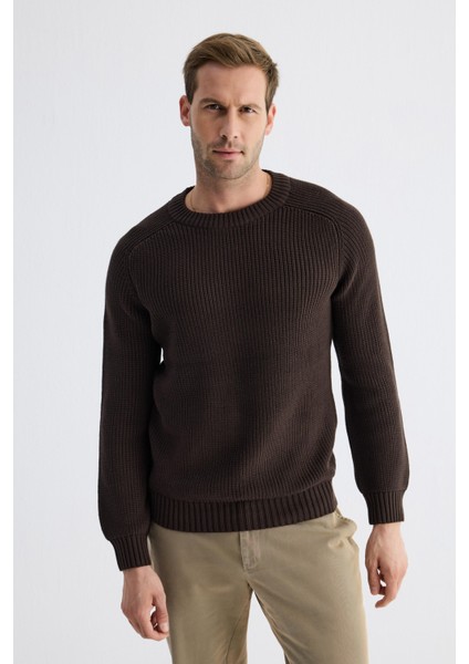 Bisiklet Yaka Selanik Örgü Pamuklu Erkek Koyu Kahverengi Triko Kazak fiyatları