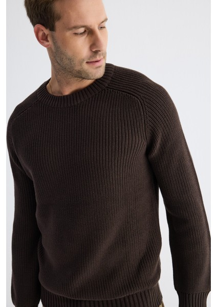 Bisiklet Yaka Selanik Örgü Pamuklu Erkek Koyu Kahverengi Triko Kazak fırsatları