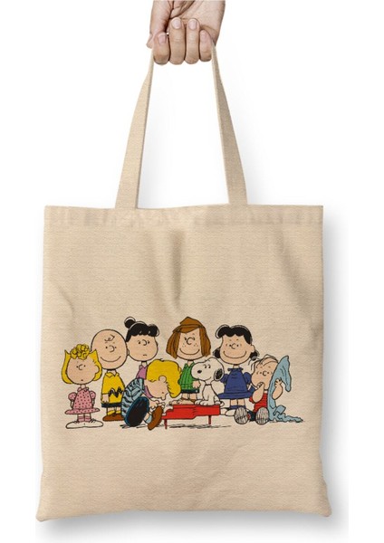 Snoopy And Friends Dogs Beyaz Bez Çanta Uzun Saplı Alışveriş Çantası Plaj Çantası