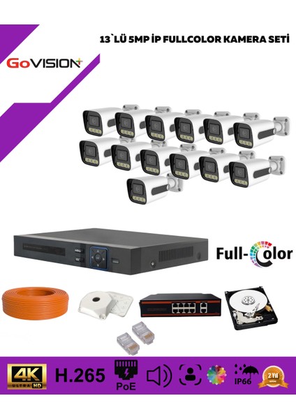 Govision Go Vision 13'lü Güvenlik Ip Kamera Seti - 5mp Dış Mekan Kamera, 3.6mm Lens, H.265, Poe, Warm LED Gece Görüşlü