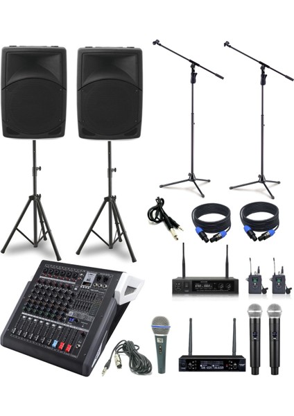 Okul Tören Ses Sistemi Seti | 2X12” Kabin Hoparlör 8 Kanal Amfili Mikser Telsiz Mikrofon Paket