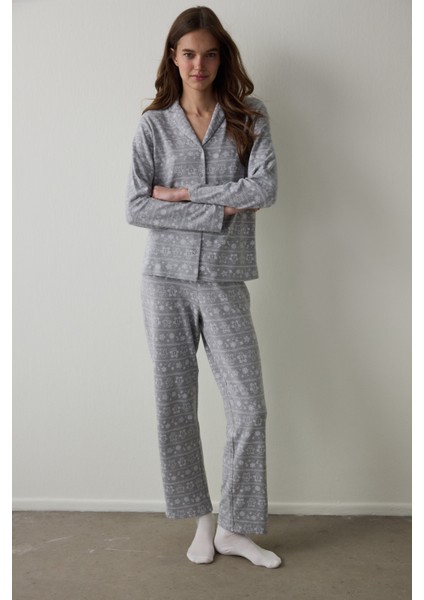 Gri Melanj Gingerbread Gömlek Yaka Termal Etkili Pijama Takımı fiyatları
