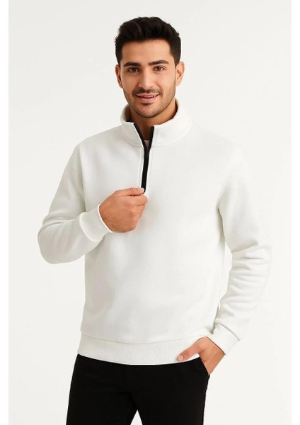 Erkek Dik Yaka Sweatshirt Dik Yaka Yarım Fermuarlı 3 Iplik Şardonlu Pamuk Kumaş - Beyaz fiyatları