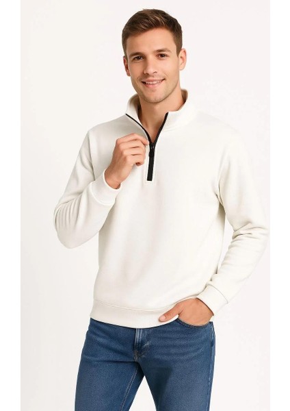 Erkek Dik Yaka Sweatshirt Dik Yaka Yarım Fermuarlı 3 Iplik Şardonlu Pamuk Kumaş - Beyaz indirimleri