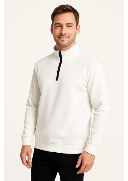 Erkek Dik Yaka Sweatshirt Dik Yaka Yarım Fermuarlı 3 Iplik Şardonlu Pamuk Kumaş - Beyaz