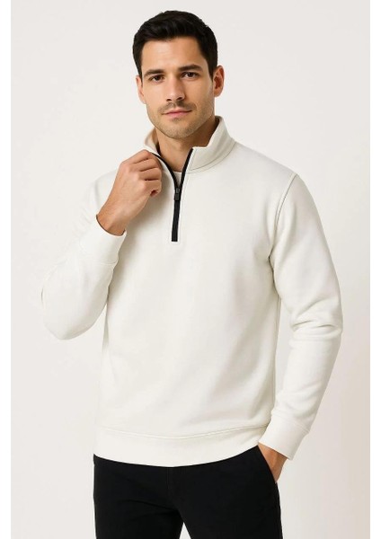 Erkek Dik Yaka Sweatshirt Dik Yaka Yarım Fermuarlı 3 Iplik Şardonlu Pamuk Kumaş - Beyaz