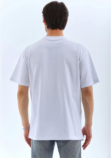 Unisex Oversize Taşlı Bisiklet Yaka T-Shirt - Beyaz fiyatları