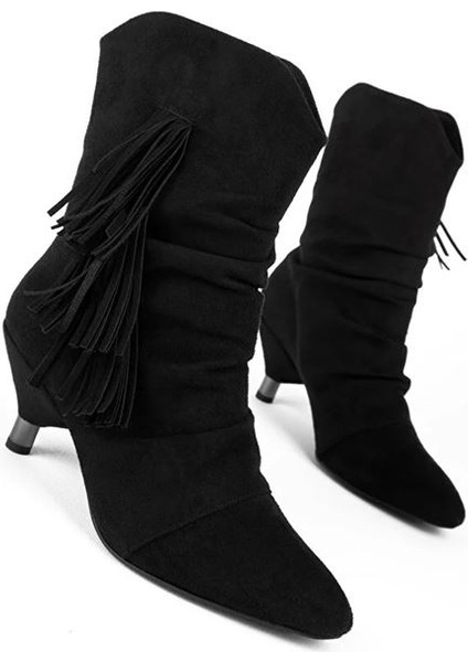 Pine Cone K222 Kadın Süet Topuklu Püsküllü Bot Siyah