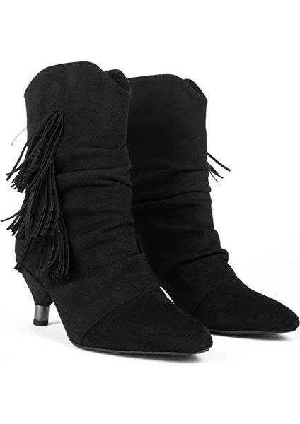 Pine Cone K222 Kadın Süet Topuklu Püsküllü Bot Siyah modelleri