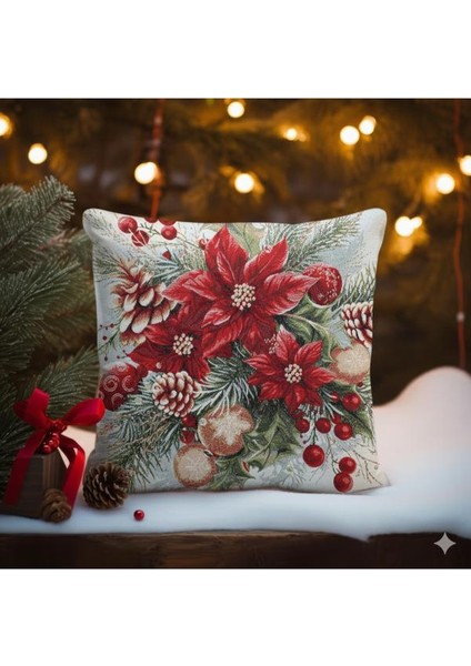 Belıeve Kırmızı Çiçekli Yılbaşı Süsleri Jakarlı Dokuma Goblen Dekoratif Simli Kırlent 45*45