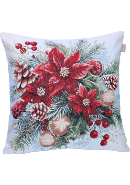 Belıeve Kırmızı Çiçekli Yılbaşı Süsleri Jakarlı Dokuma Goblen Dekoratif Simli Kırlent 45*45 fiyatları